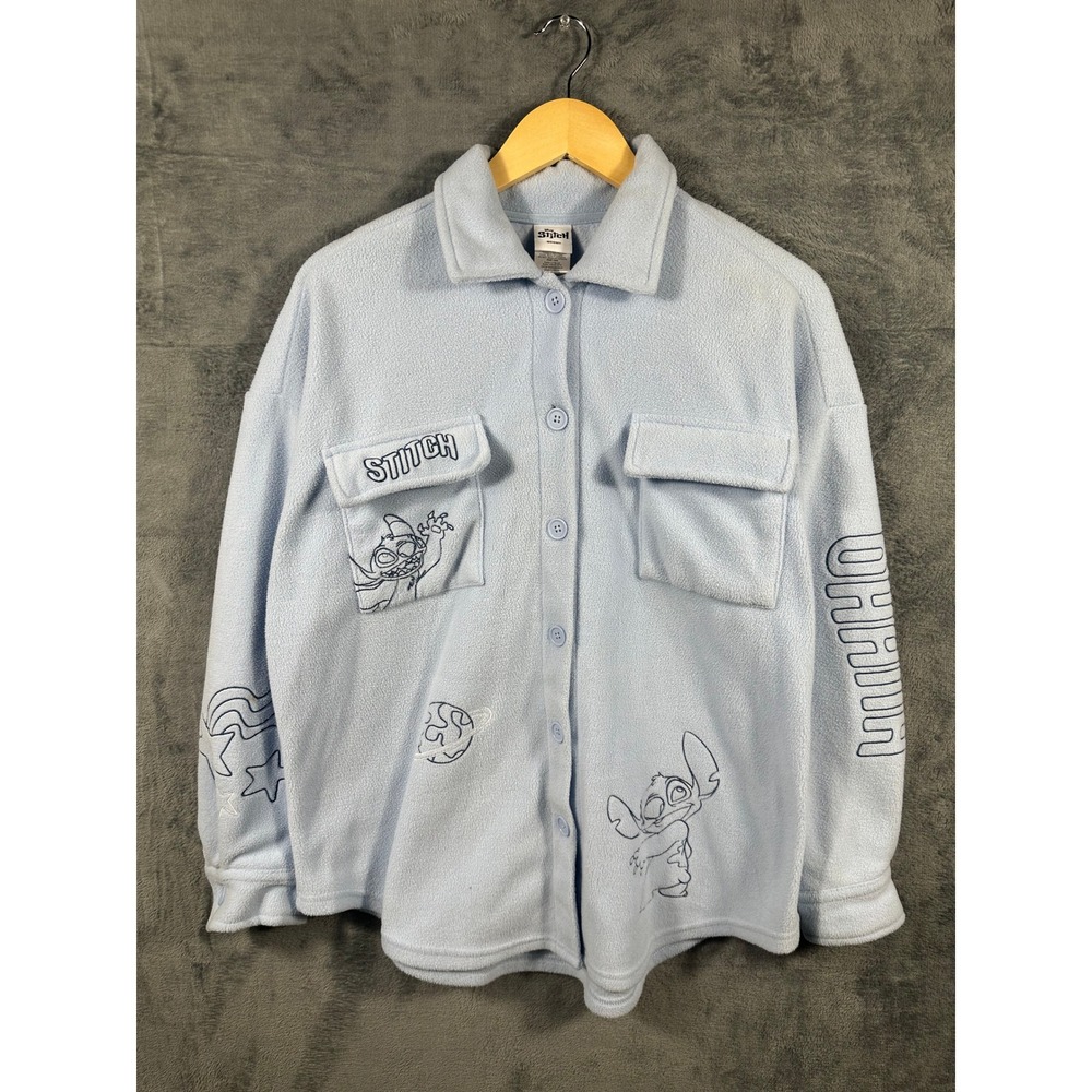 Disney Lilo & Stitch Blue Fleece Button Down Shirt Jacket Ohana Large LH42413FH